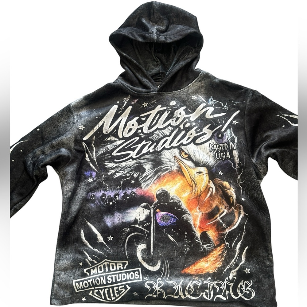 Motion Studios Graphic Hoodie - Black with Multicolor Eagle & Motorcycle, Large